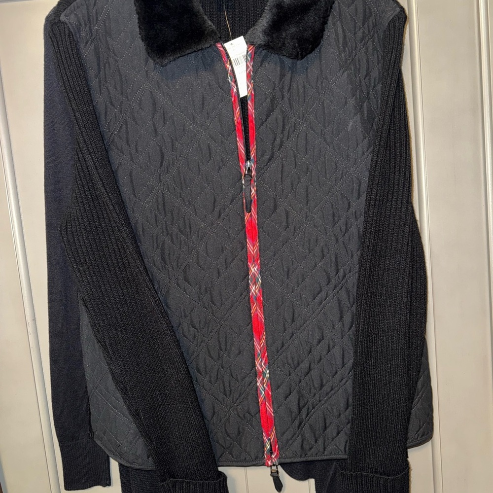 Black Quilted Jacket with Red Plaid Trim